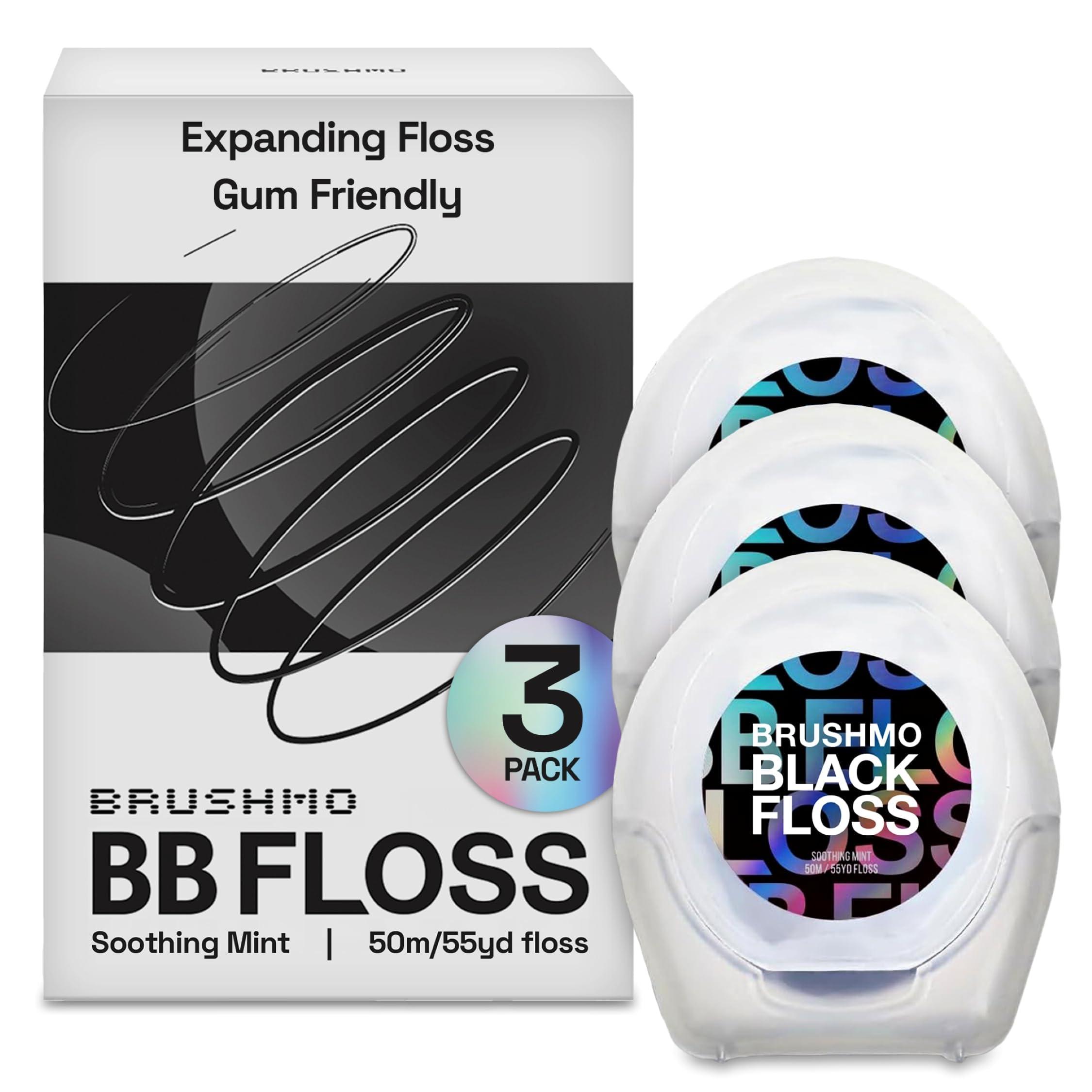 Brushmo Brushmo Black Floss (BB Floss), US Dentist-Designed Oral Care, Stain-Absorbing, Woven Expanding Dental Floss with Natural Wax to Prevent Gum Disease, Non-Toxic PTFE & PFAS Free, 3 Spools (165 yd)