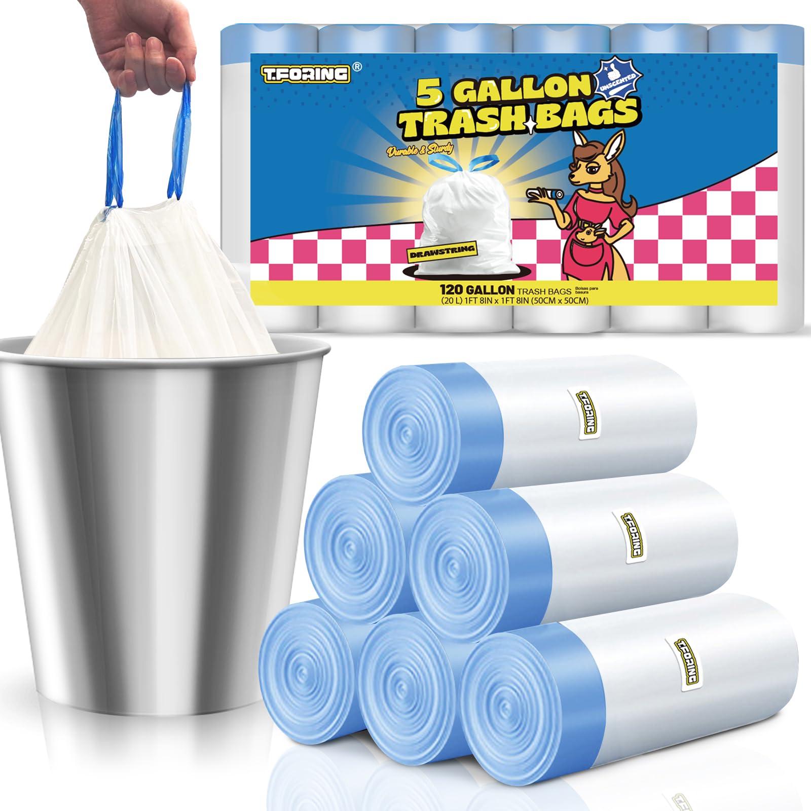 T.FORING T.FORING 5 Gallon Trash Bags Drawstring 1.1 Mil - 120 Count 18 Liter Small Garbage Bags for Bathroom, Strong Unscented White Plastic Wastebasket Bin Liners for Kitchen Office Toilet and Bedroom
