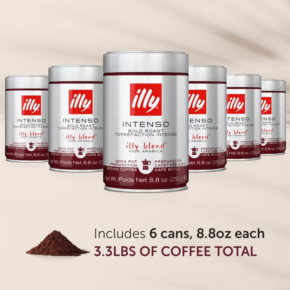 Illy illy Ground Coffee Moka - 100% Arabica Flavored Coffee Ground - Rich Aromatic Coffee Grounds Profile Intenso Dark Roast Warm Notes of Cocoa & Dried Fruit - No Preservatives 8.8 Ounce, 6 Pack