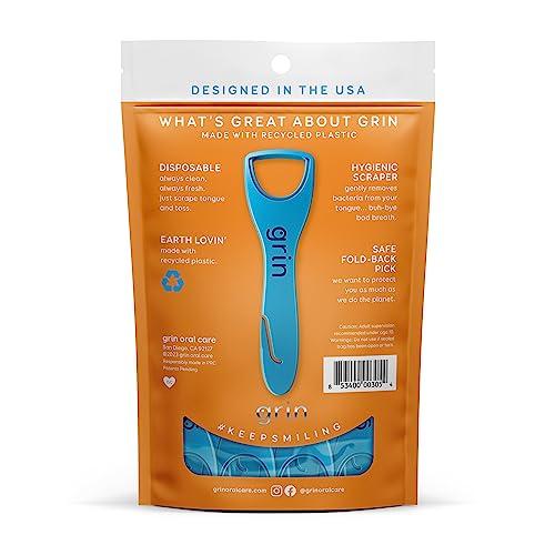 Grin GRIN Tongue Cleaner, 32 Count, Disposable Tongue Cleaner, Hygienic Scraper, Recycled Plastic, Clean Tongue, Promote Fresh Breath, Includes Safe Fold- Back Tooth Pick (Pack of 2)