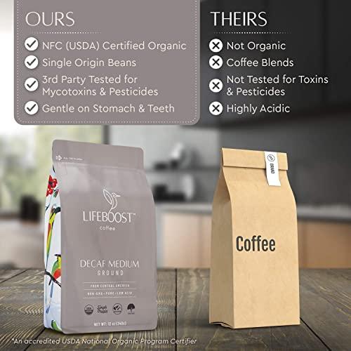 LIFEBOOST Lifeboost Coffee Medium Roast Swiss Water Decaf Coffee Ground - Low Acid Single Origin USDA Decaf Organic Coffee - Non-GMO Coffee Third Party Tested For Mycotoxins & Pesticides - 12 Ounces