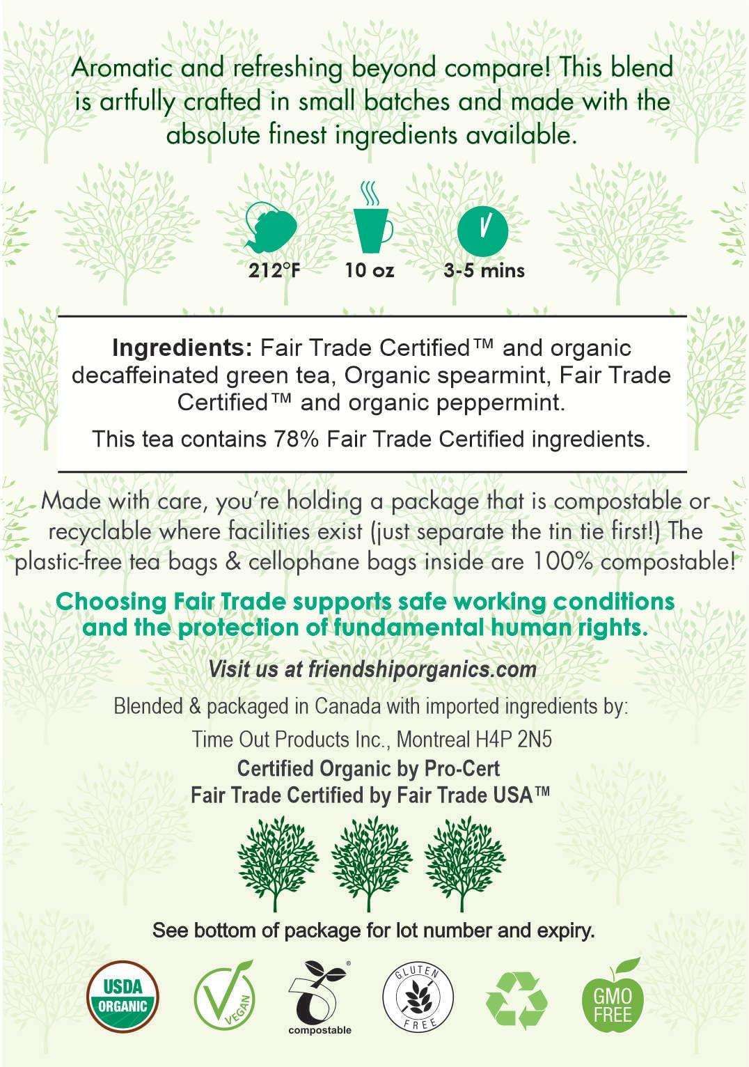 Friendship Organics Friendship Organics Decaf Green Mint Tea Bags, Organic and Fair Trade 44 Count