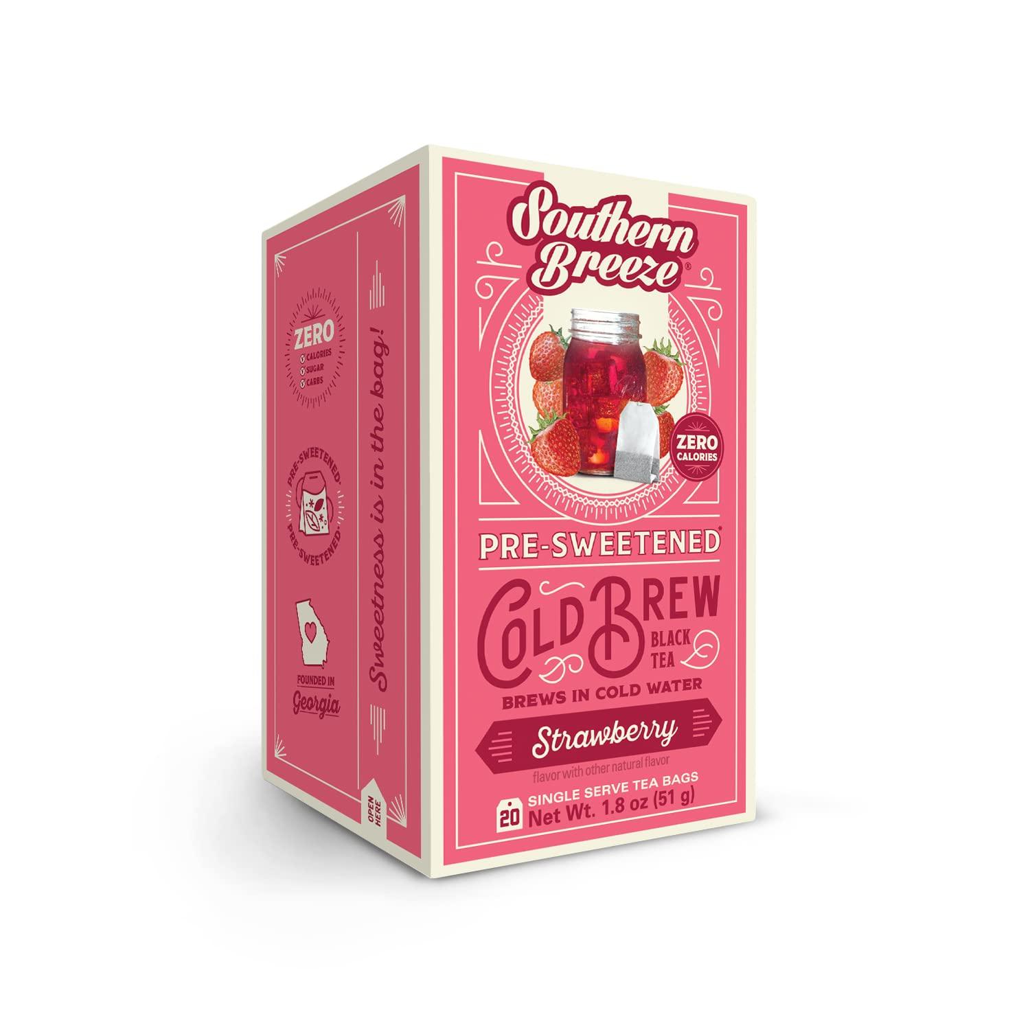 Southern Breeze Southern Breeze Cold Brew Sweet Tea Strawberry Iced Tea with Black Tea and Zero Carbs Zero Sugar, 20 Individually Wrapped Tea Bags Southern Sweet Tea Iced Tea Beverage