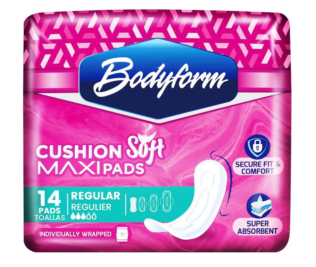 BODYFORM Bodyform Maxi - Premium Sanitary Napkins, Cushion Soft Always Comfortable and Ultra-Absorbent (Regular, 168 Count (12 Packs of 14 Counts))