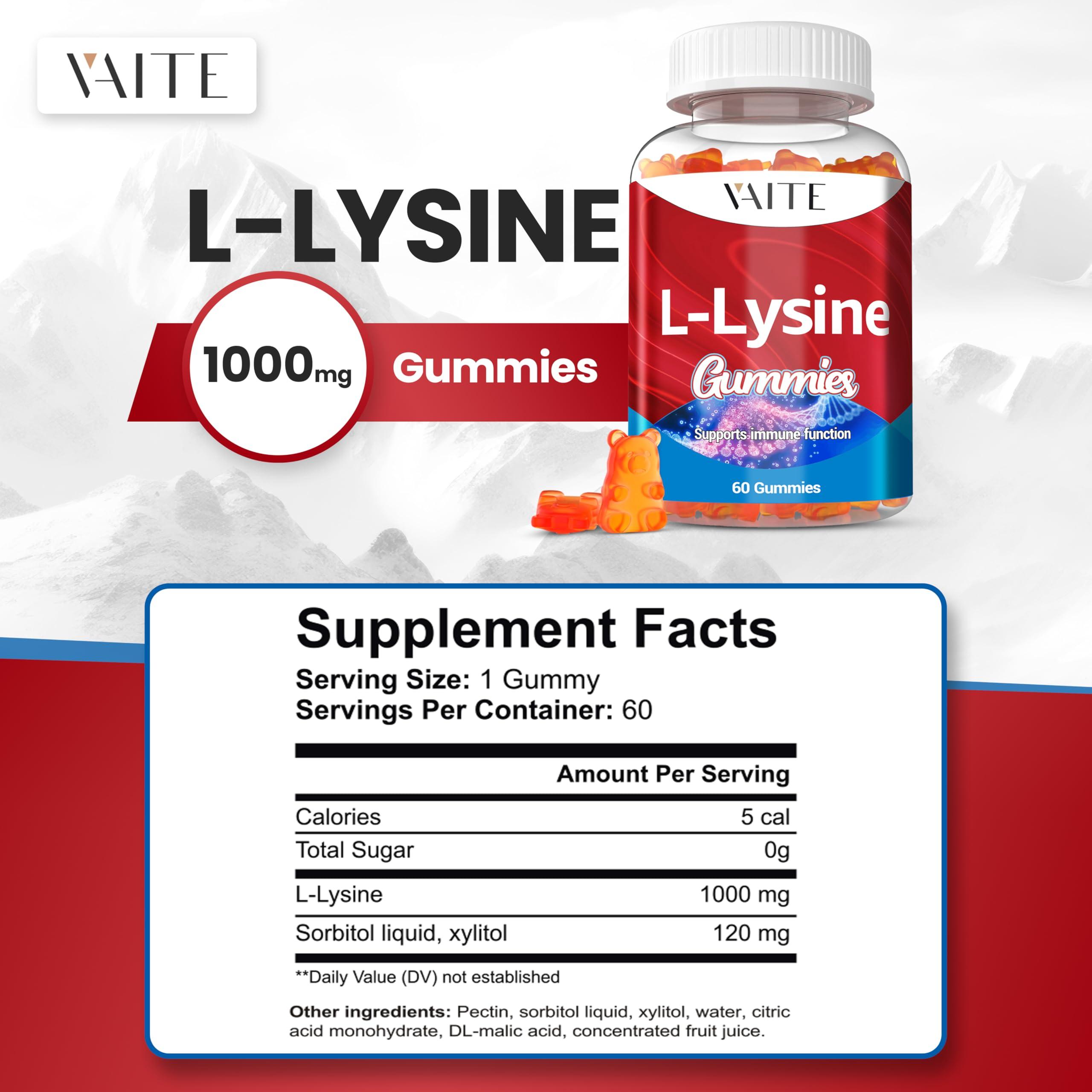 VAITE L-Lysine 1000mg Gummies - Supports Skin, Lip, Vegan, Gluten Free, Vitamins for Adults Tissue Health & Immune System, Chewables, Amino Acid Vitamin Supplement & Complex Supplements, Non-GMO