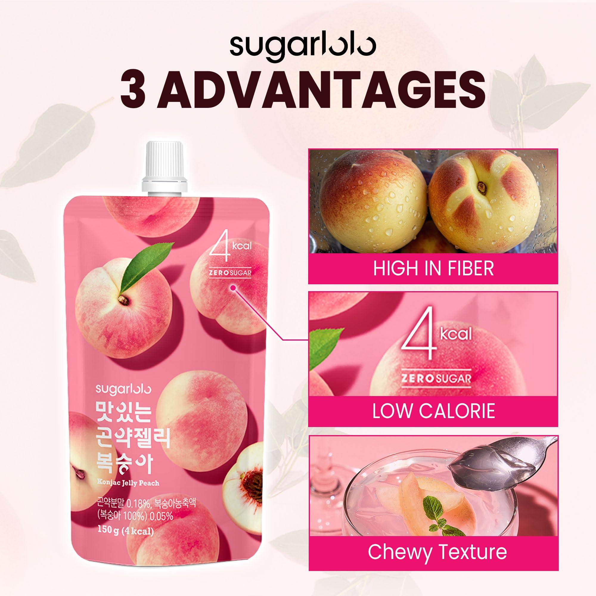 Sugarlolo Sugarlolo Konjac Sweet Peach Jelly Snack - 5.29 Oz (150g) | 10 Pack | Only 4 Calories per Pouch | Vegan Jello with Zero Sugar | Low Calorie Korean Snacks