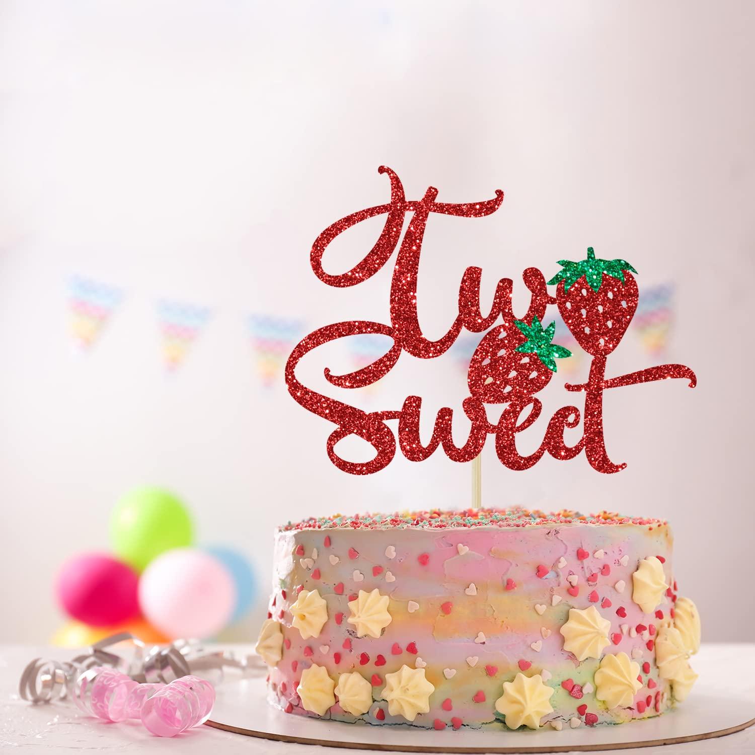 Sriburcio Red Glitter Two Sweet Cake Topper, Sweet to Be Two/Two Cute/Two Wild/Happy 2nd Birthday, Strawberry Themed 2nd Birthday Party Decorations
