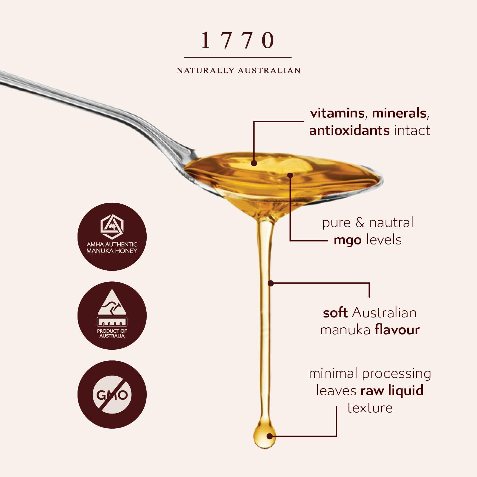 1770 Naturally Australian 1770 Naturally Australian Manuka Honey MGO 500+ Raw Organic Honey Non-GMO, 8.8oz(250g), High Strength, Superfood