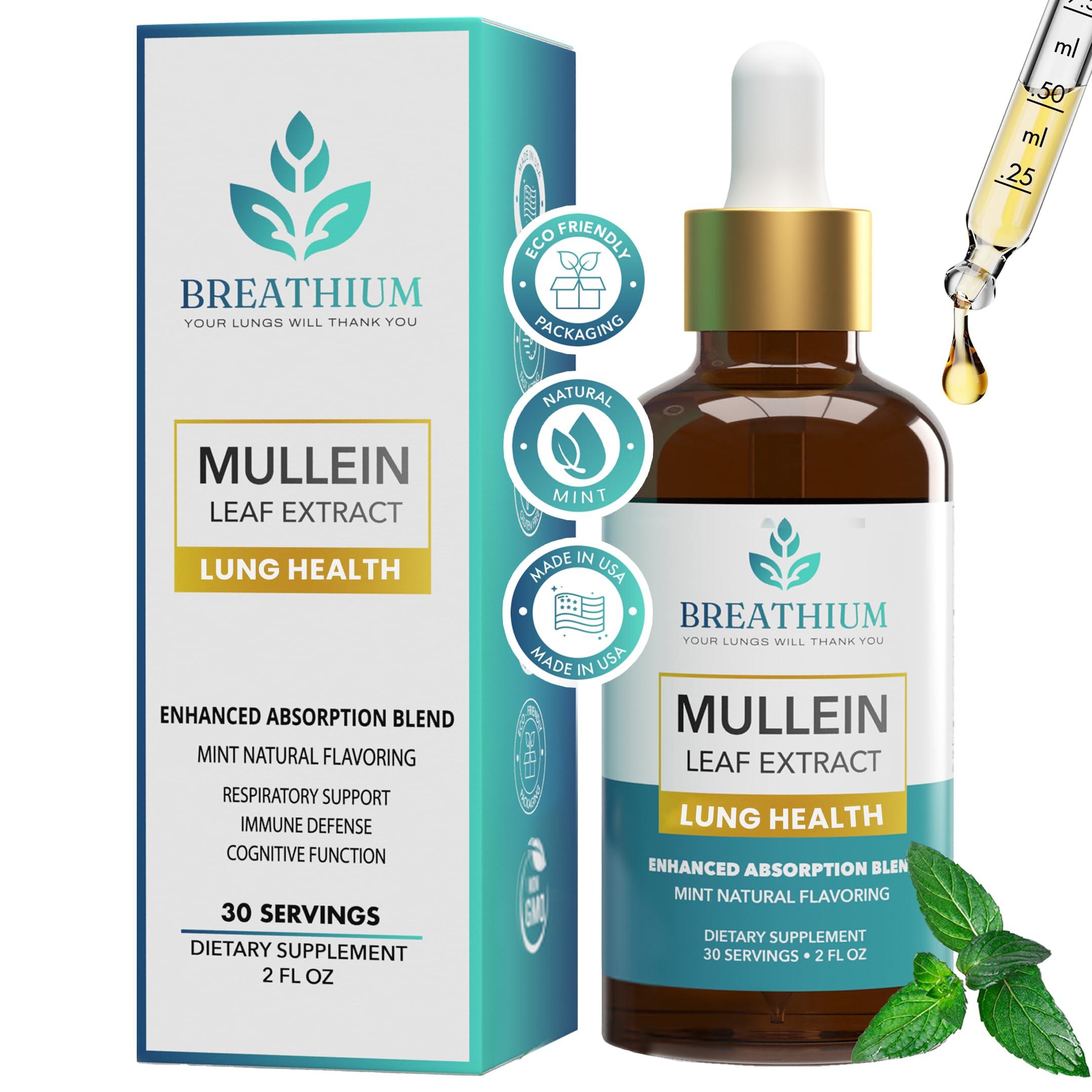 BREATHIUM BREATHIUM Organic Mullein Drops for Lungs  Rapid Mucus & Sore Throat Relief  Liposomal Mullein Leaf Extract Supplement for Healthy Breathing  Sunflower Lecithin, & Peppermint Tea  Made in USA