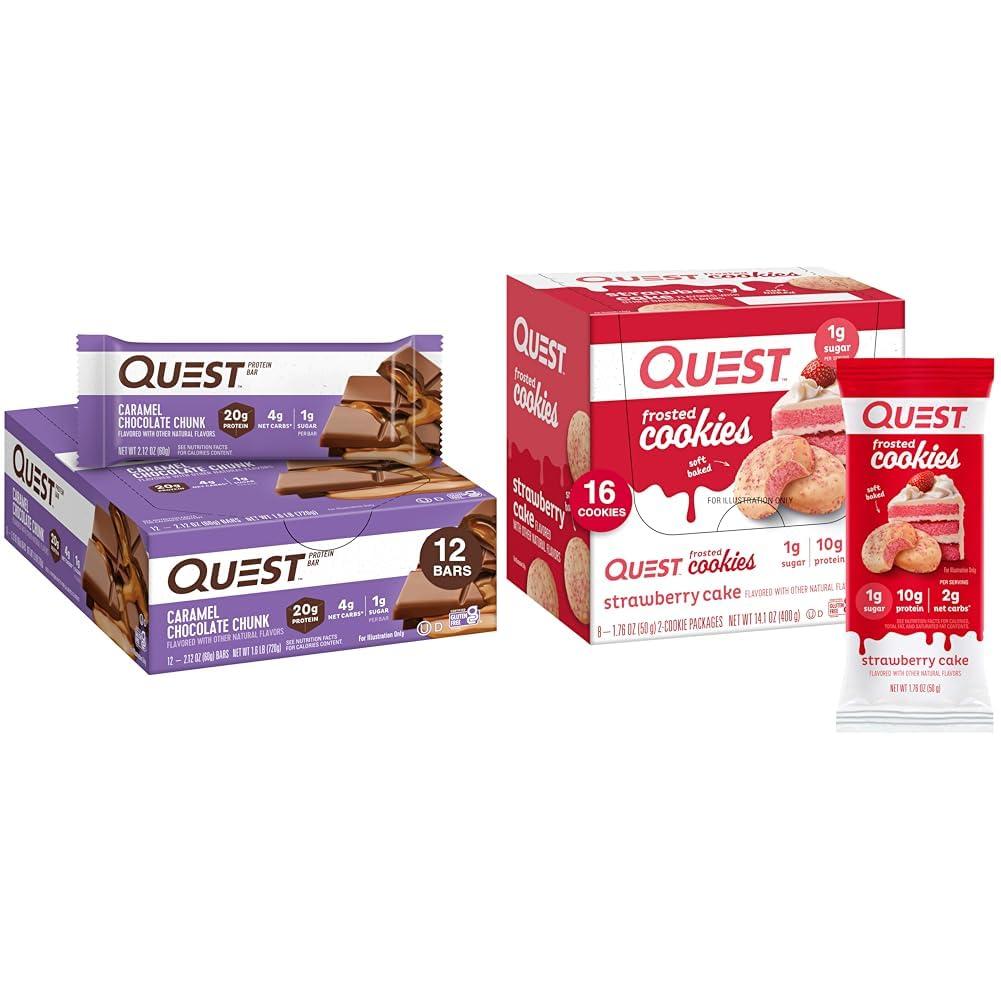 Quest Nutrition Quest Caramel Chocolate Chunk Protein Bars 12 Count and Strawberry Cake Frosted Cookies Twin Pack, High Protein, Low Carb, Gluten Free