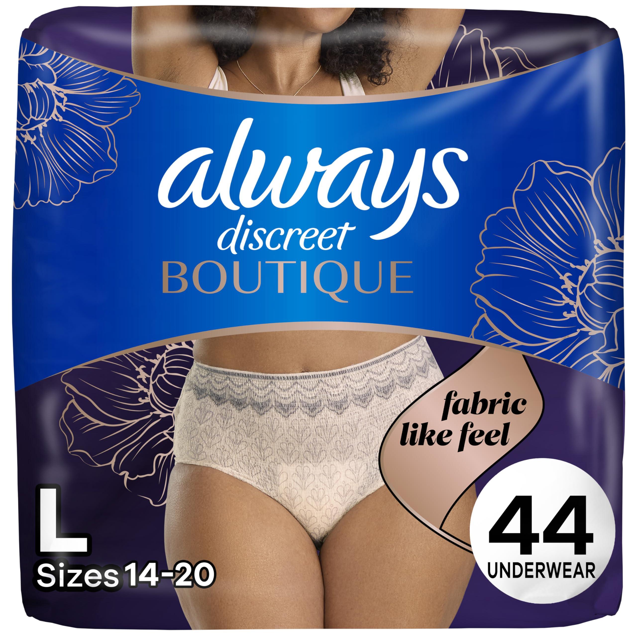 Always Always Discreet Boutique Incontinence and Postpartum Underwear for Women, Maximum Protection, L, Rosy, 44 Count
