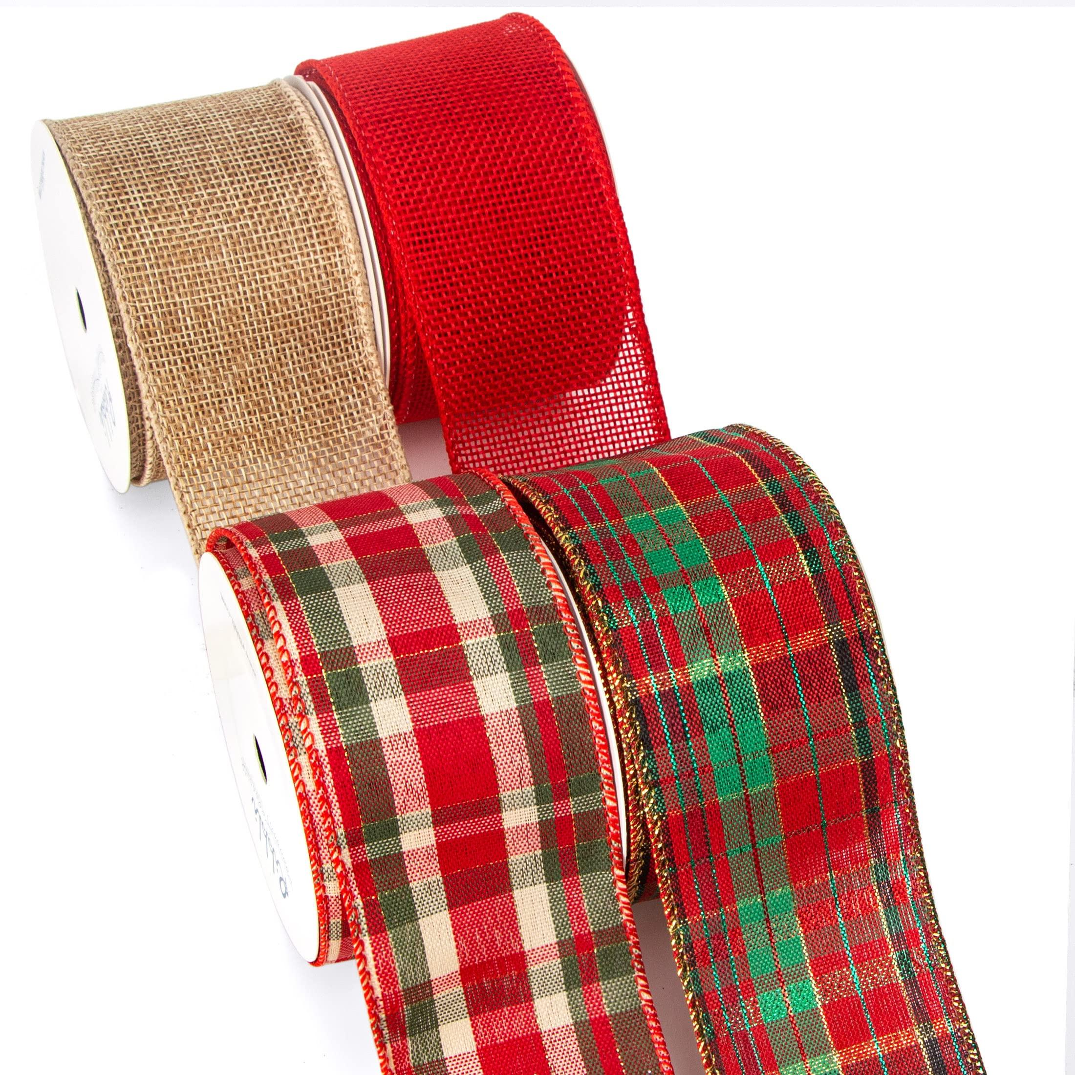 Ribbli Ribbli 4 Rolls Christmas Wired Ribbon,Natural and Red Burlap Christmas Plaid Wired Ribbon,2 Inch Total 20 Yard, Christmas Ribbon for Crafts, Big Bow,Gift Wrapping, Wreath, Tree Decoration