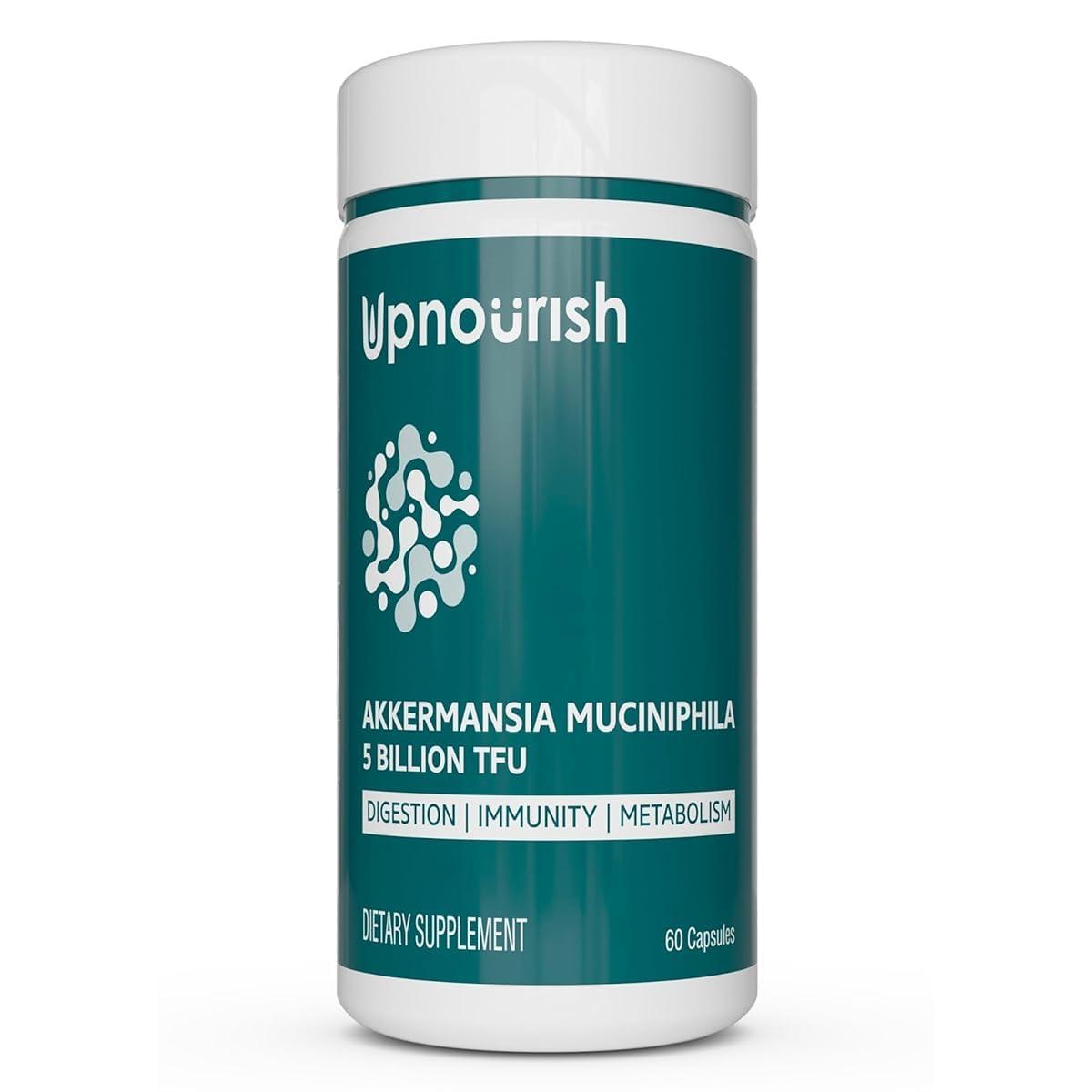 UpNourish Akkermansia Muciniphila Probiotics for Digestive Health - 5 Billion TFU Akkermansia Probiotic for Leaky Gut Repair and Immunity, Prebiotics and Probiotics for Women and Men, 60 Vegan Capsules