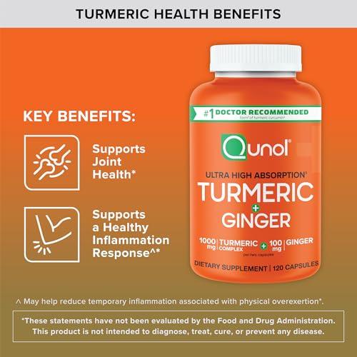 Qunol Qunol Turmeric and Ginger Capsules, 1000mg Turmeric Supplement, Ultra High Absorption to Support Joint Health, #1 Doctor Recommended Form of Turmeric Curcumin, 120 Count (Pack of 1)