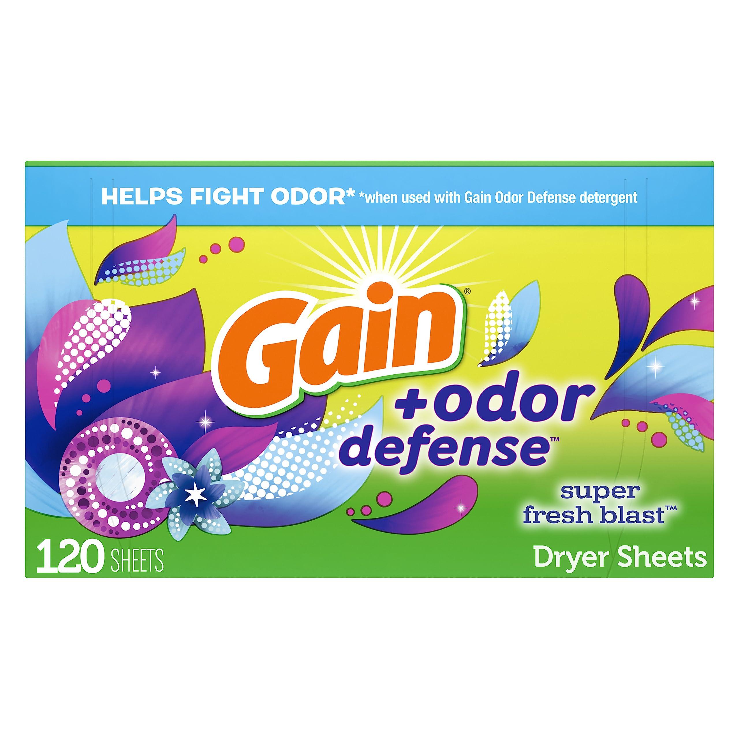 Gain Gain + Odor Defense Fabric Softener Dryer Sheets, Super Fresh Blast Scent, 120 ct