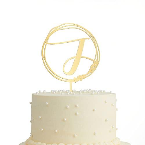 Vinisong Personalized Letter J Cake Topper, Vinisong Rustic Wedding Cake Topper Initial Cake Topper Monogram Cake Topper Wreath Design Cake Decoration Gold Acrylic Cake Decor Party Decoration