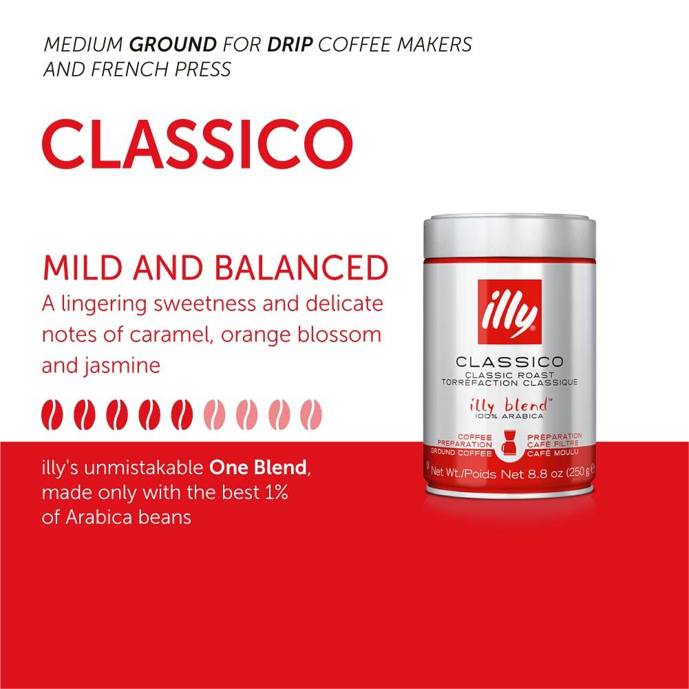 Illy illy Drip Coffee - Ground Coffee - 100% Arabica Ground Coffee Classico Medium Roast - Notes of Caramel, Orange Blossom & Jasmine - No Preservatives Mild & Balanced 8.8 Ounce
