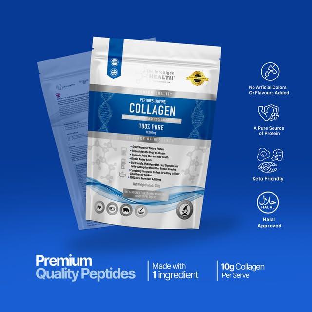 The Intelligent Health The Intelligent Health Hydrolyzed Collagen Peptides Powder, Grass Fed, High Protein, Unflavored, Gluten-Free, Paleo & Keto Friendly, 10g per Serving (200g) Supports Skin, Hair, Nails, Joints, & Bones