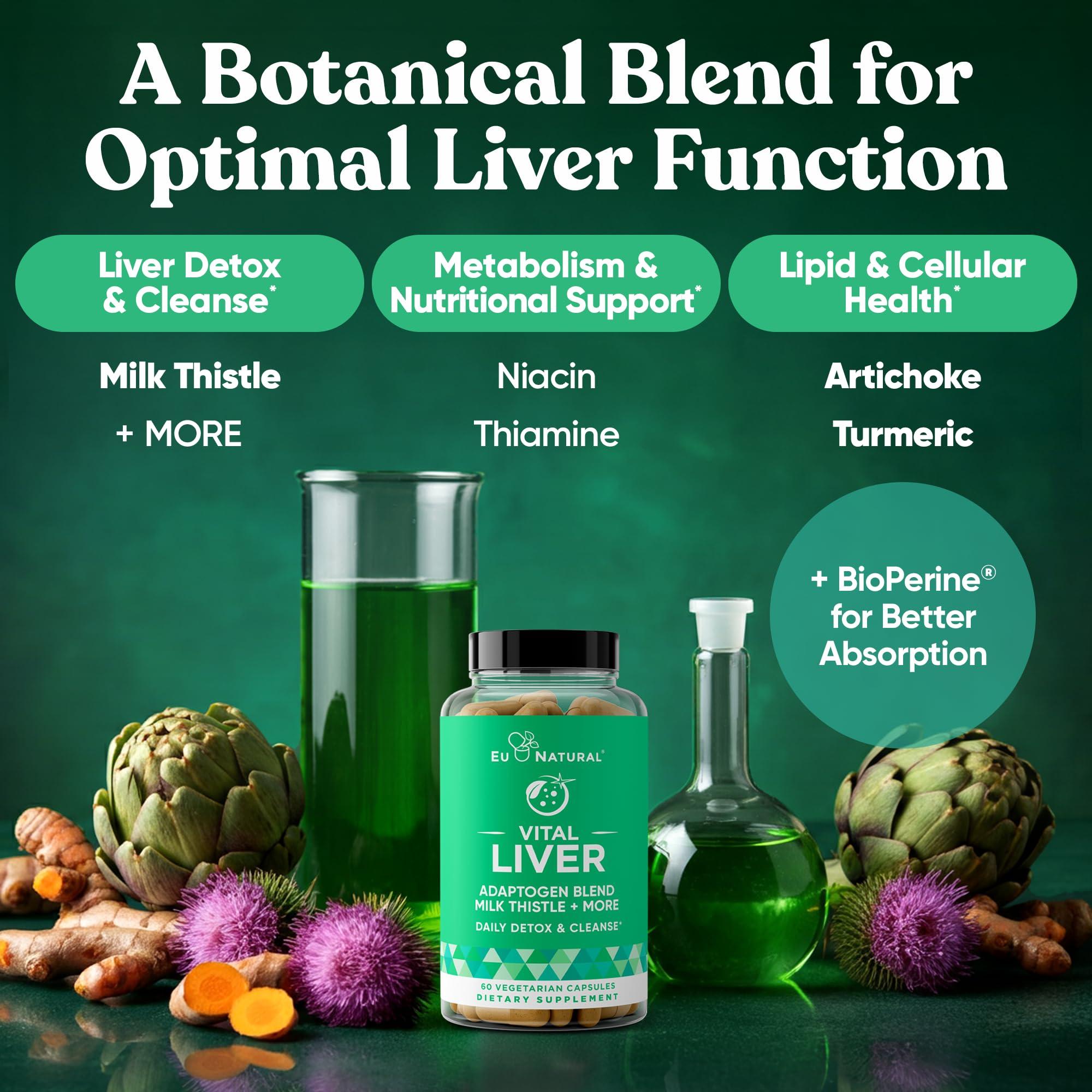 Eu Natural Vital Liver Cleanse Detox & Repair 9-in-1 Liver Support Supplement Milk Thistle, Artichoke Extract, Turmeric, Adaptogens Optimal Liver Function and Digestive Health 60 Vegetarian Soft Capsules