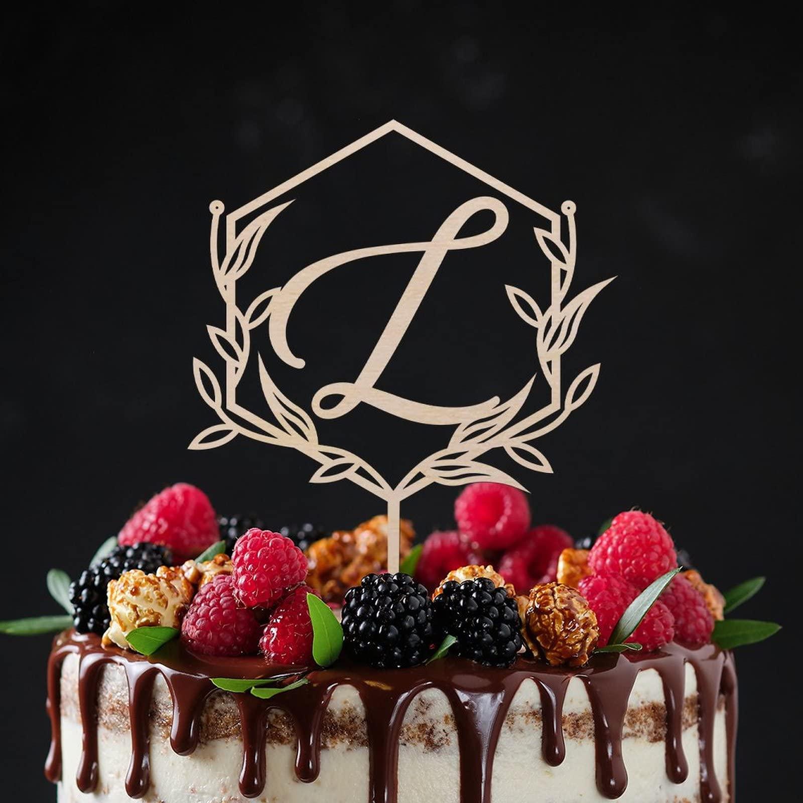 Vinisong Vinisong Personalized Initials Cake Topper Wreath Letter L Cake Topper Wood Monogram Cake Topper Rustic Wedding Cake Topper Birthday Cake Decoration(Design 03,L)