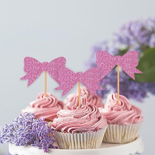 Blopee Blopee Cupcake Toppers, Pink Cupcake Toppers for Birthday Party, Princess Cupcake Toppers for Girls Birthday, 12 pcs Bowknot Cupcake Decorations for Bridal Baby Shower Birthday Wedding Themed Party