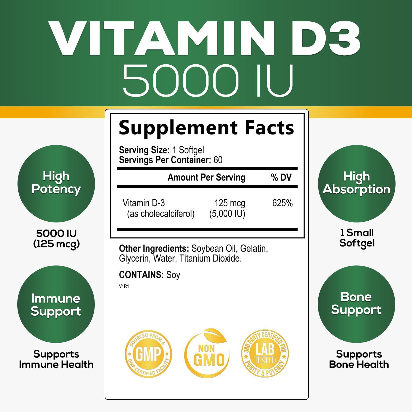 Nature's Nutrition Vitamin D3 Supplement 5000iu (125 mcg) - High Potency Vitamin D Dietary Supplement for Bone, Teeth, Muscle and Immune Health Support - Rapid Absorption D3 Softgel, Non-GMO, Gluten Free - 60 Softgels