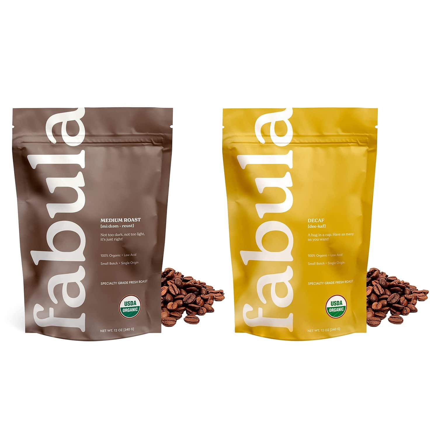 Fabula Fabula Organic Whole Bean Coffee - Medium and Decaf Medium - 2 Bag Bundle