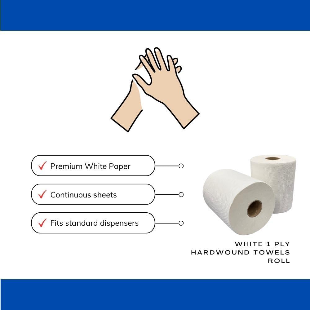 PackagingSuppliesByMail Commercial Hardwound Paper Towel Rolls, White 12 Pack, 8 Inch x 300 Feet, 1-Ply, 2 Inch Core, Fits Universal Dispenser