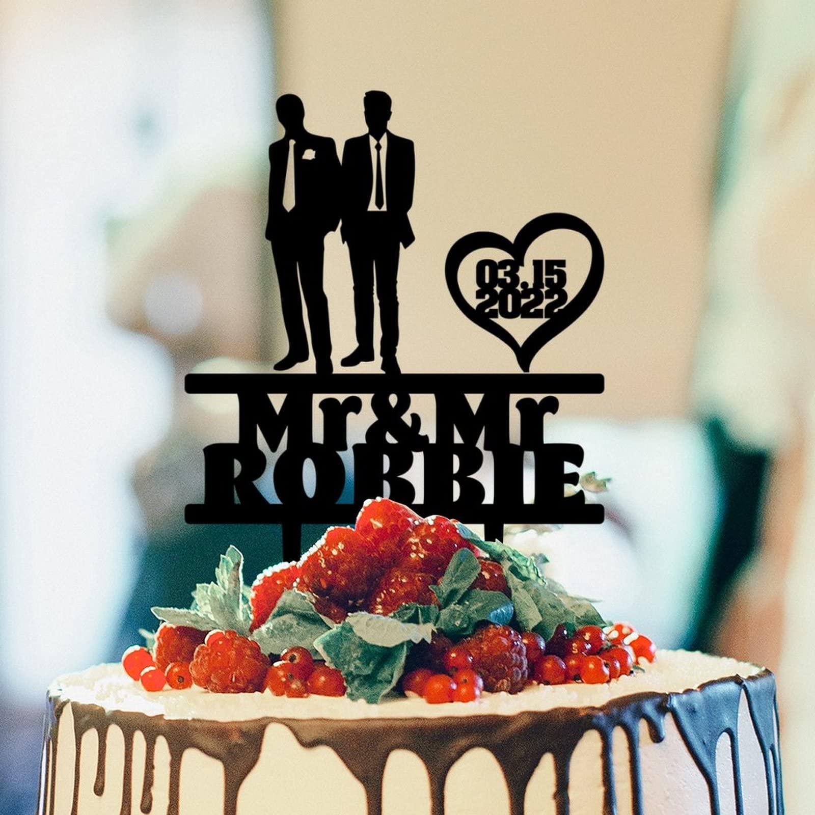 BYRON HOYLE Gay Cake Toppers Grooms Wedding Silhouette Same Sex Mr & Mr Rustic Wedding Cake Toppers with Heart Personalized LGBTQ Gay Rustic Cake Topper His And His Wedding Cake Decor LGBT Black Acrylic Topper