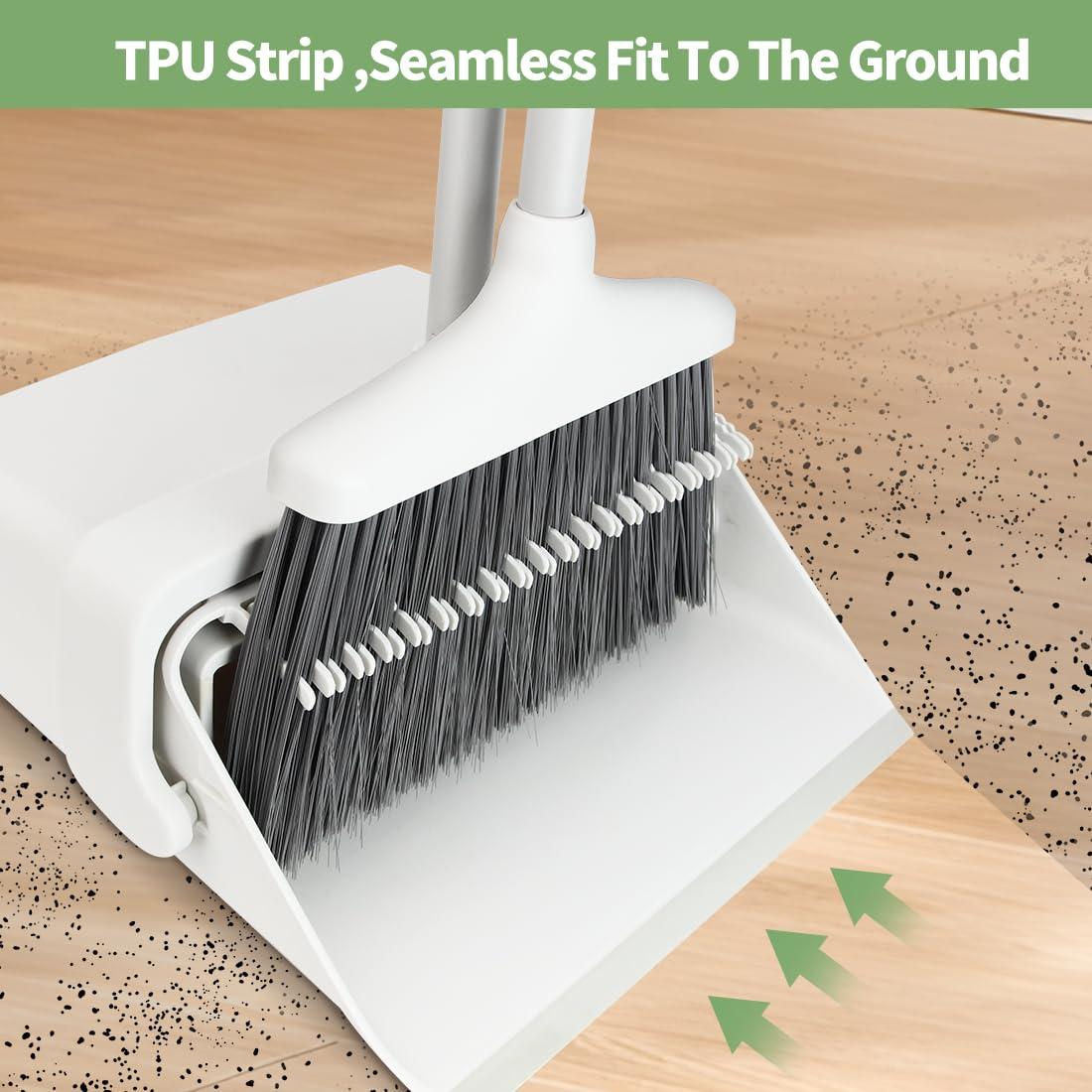 CQT CQT Broom and Dustpan Set with Handle, Brush and Dustpan Set for Home Kitchen Cleaner Floor Sweeping Upright Stand Up Dust pan Cleans Combo (White)