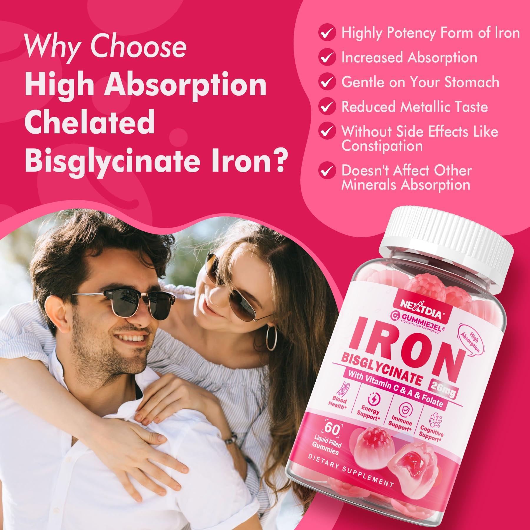 NextDia Iron Bisglycinate 26mg Filled Gummies - Gentle Beet Root Iron Gummy plus Vitamin C, Supplement Iron with B12 & Folate for Women & Men, Iron Deficiency, Immune & Energy Support, Sugar-Free, Vegan,60Cts
