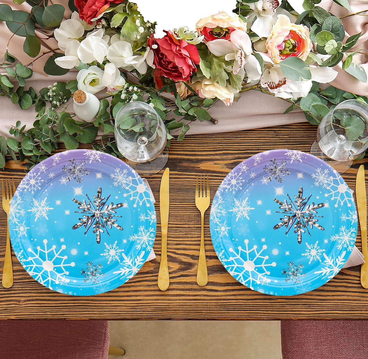 GOGUOGOFA 50Pcs Frozen Snowflake Party Supplies,Snowflake Paper Plates,7\"Snowflake Plates Disposable Chrisstma Plates for Winter Snowflake Theme Wonderland Holiday Xmas Snowflake Birthday Party Decor(Blue)
