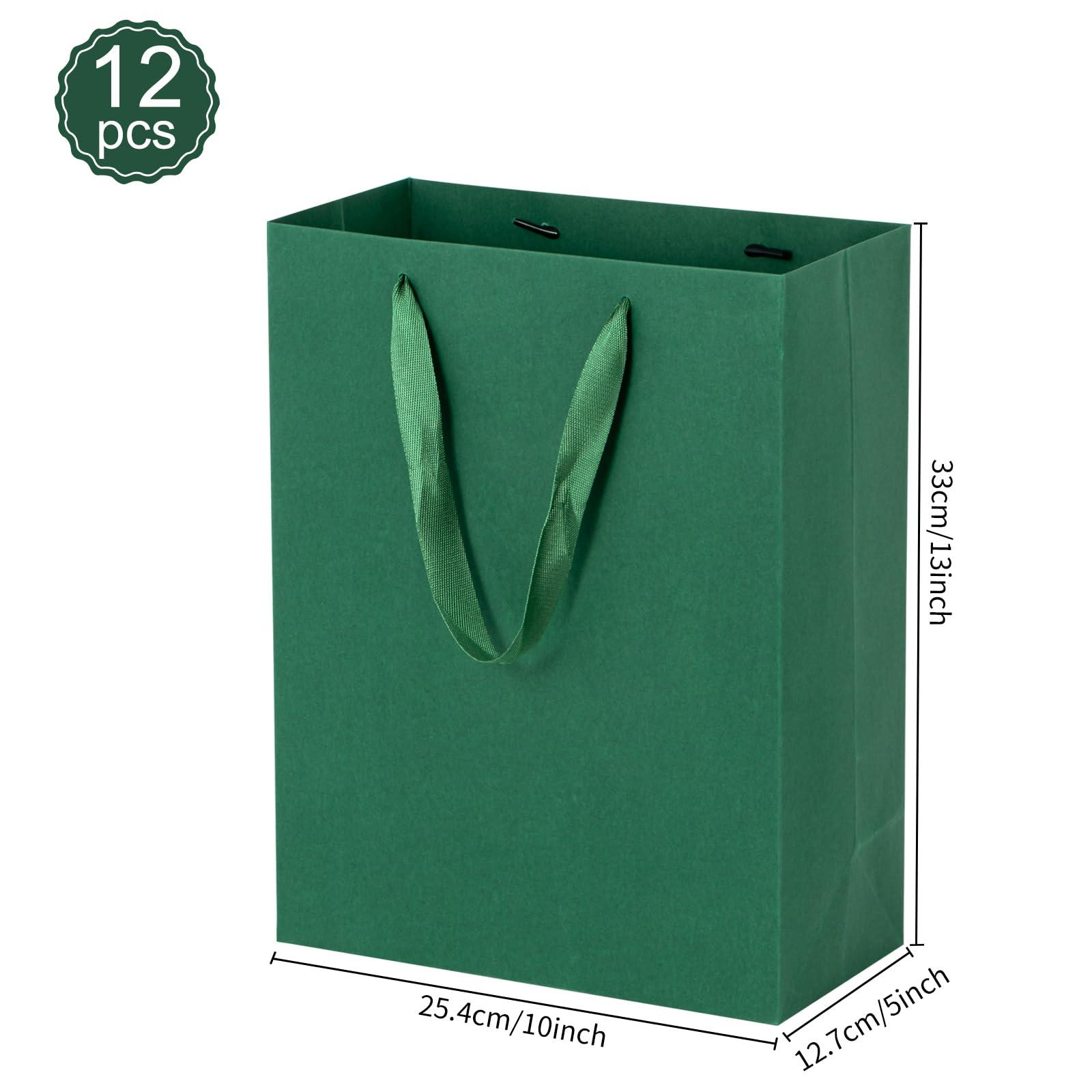 driew driew Large Dark Green Gift Bags, 12 Pack Extra Large Deep Green Gift Bag Ribbon Handles Heavy Duty Paper Gift Bags 10x5x13 inches Party Gift Bags for Shopping, Pakcing,Retail