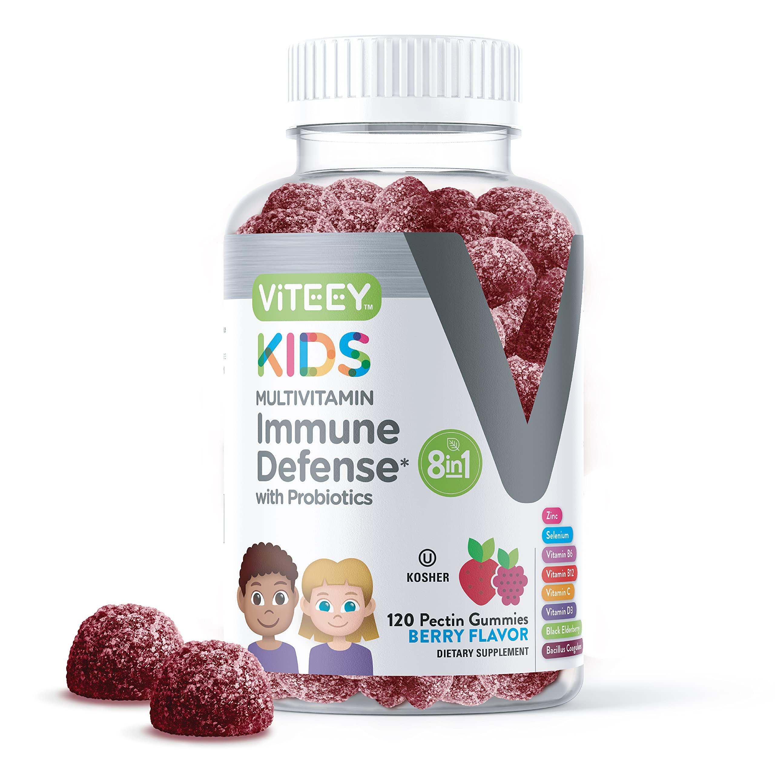 Viteey Kids Multivitamin Gummies with Probiotics - 8-1 Kids Vitamins for Immune Health Support with Vitamin C, D3, B12, B6, Zinc, Elderberry, Selenium - Vegetarian - Chewable Tasty Berry Flavored Gummy