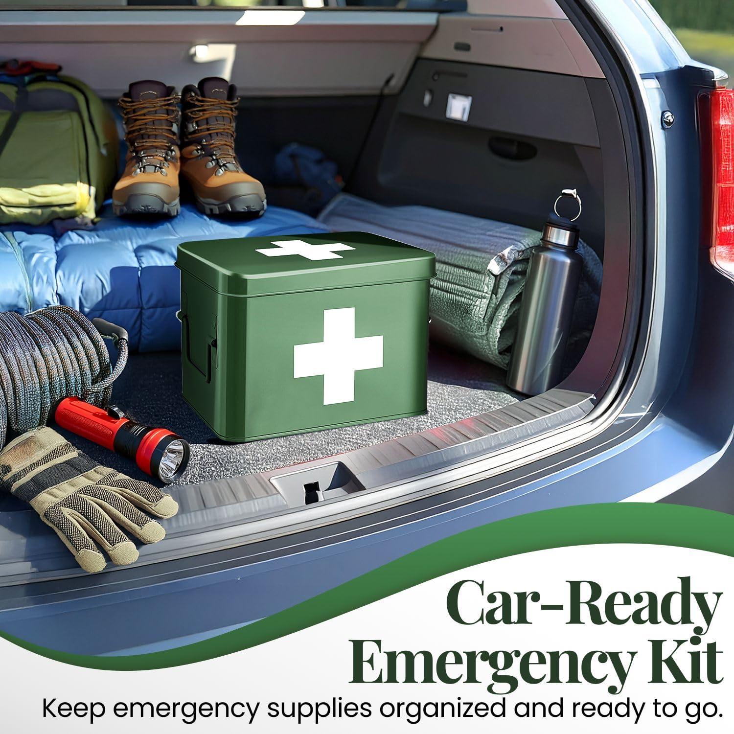 Flexzion Flexzion First Aid Box Organizer, Empty 8.5 Inch Green Vintage First Aid Kit Tin Metal Medical Box First Aid Storage Box Container Bins with Dividers, Removable Tray and Cross Logo