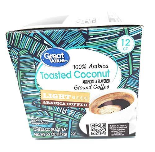 Great Value Great Value Toasted Coconut Artificially Flavored Ground Coffee - Light Arabica Coffee 12 counts Net WT 3.9 OZ (112g)