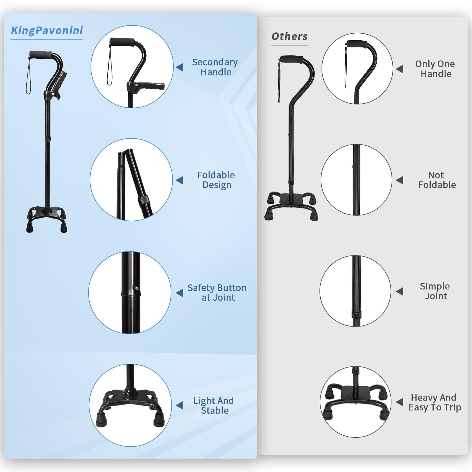 KingPavonini Adjustable Walking Cane for Men & Women with 4-Pronged Base for Extra Stability - Foldable Cane for Seniors with Foam Padded Offset Handle for Soft Grip & a Second Handle for Standing Black