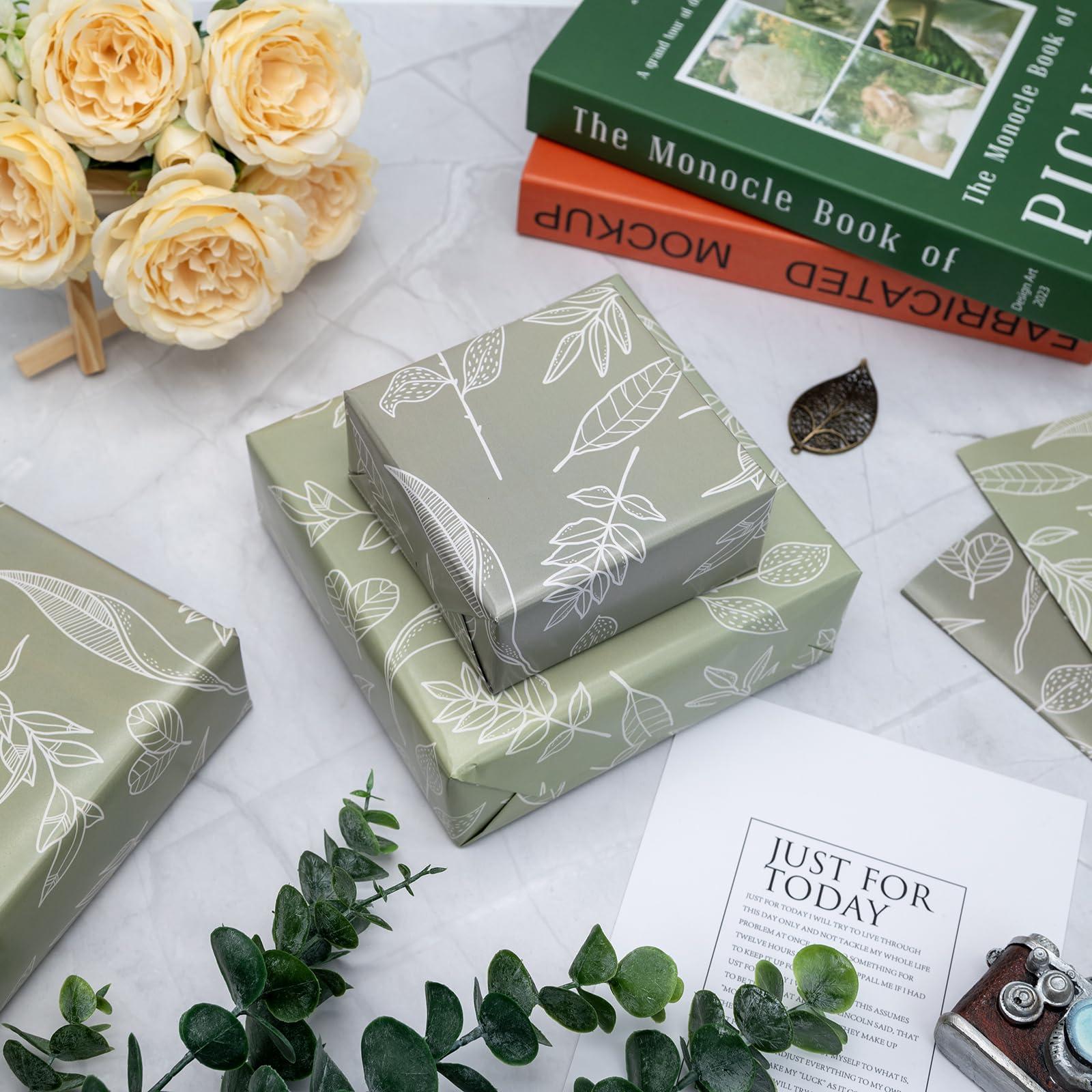 Dtiafu Dtiafu Sage Green Wrapping Paper Gentle Leaves Gift Wrap Paper Bulk Green Spring Designs for Women Girls Wedding Mothers Day Birthday Holiday Thanksgiving - 20 x 28 Inch Per Sheet (6 Sheet)