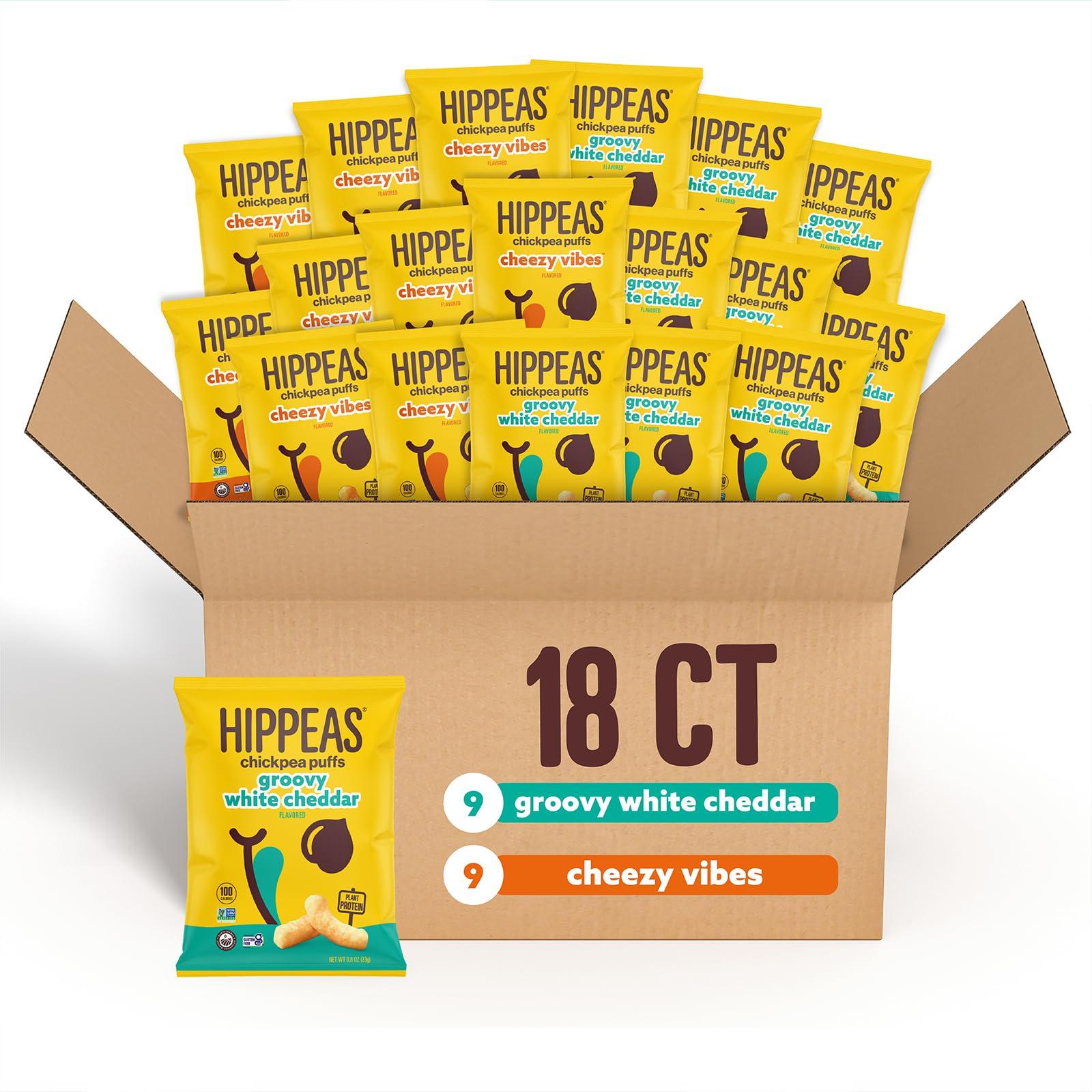 HIPPEAS Hippeas Chickpea Puffs, Cheeze Variety Pack: Vegan White Cheddar, Nacho Vibes, 0.8 Ounce (Pack of 18), 3g Protein, 2g Fiber, Vegan, Gluten-Free, Crunchy, Plant Protein Snacks