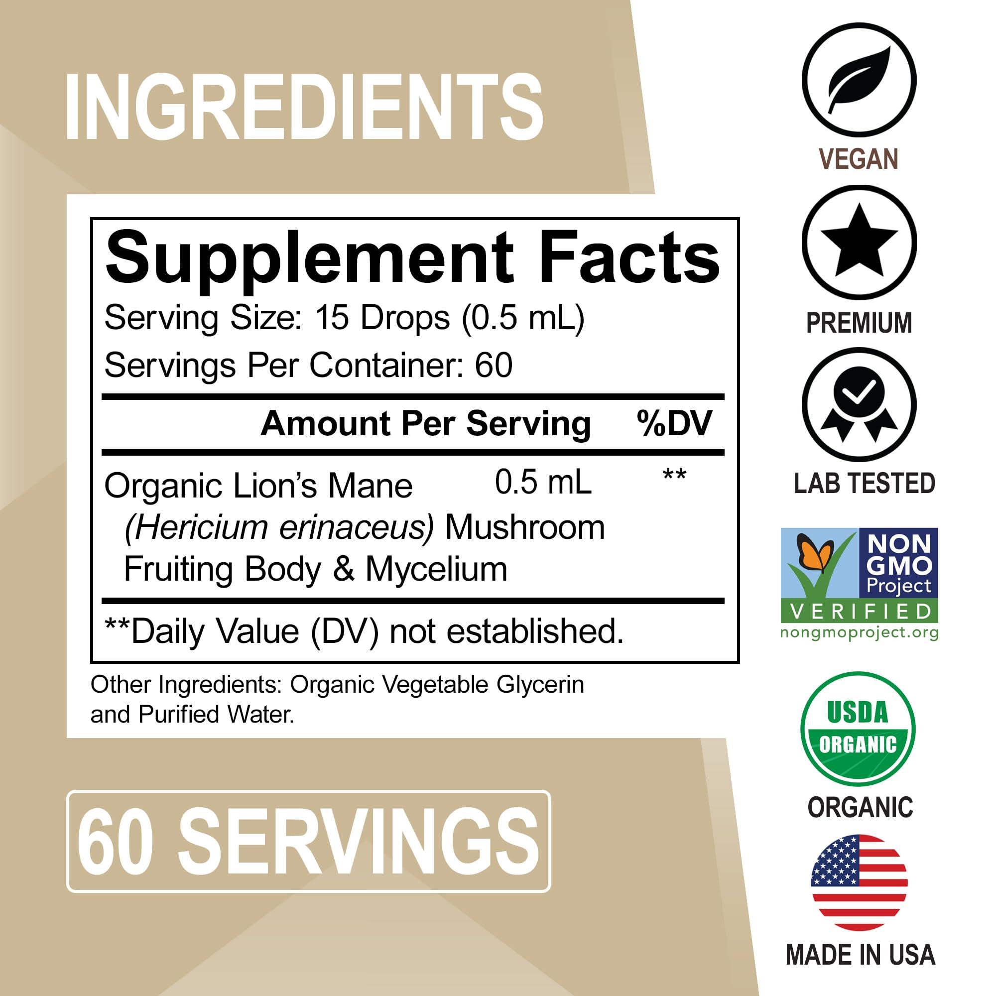 DR. BO Lions Mane Mushroom Supplement Drops - Organic Lion\'s Mane Mushroom Liquid Tincture for Focus, Fog Brain Health Supplements - Vegan Herbal Nervine Nootropic Organic Lions Liquid Supplement Extract 1oz