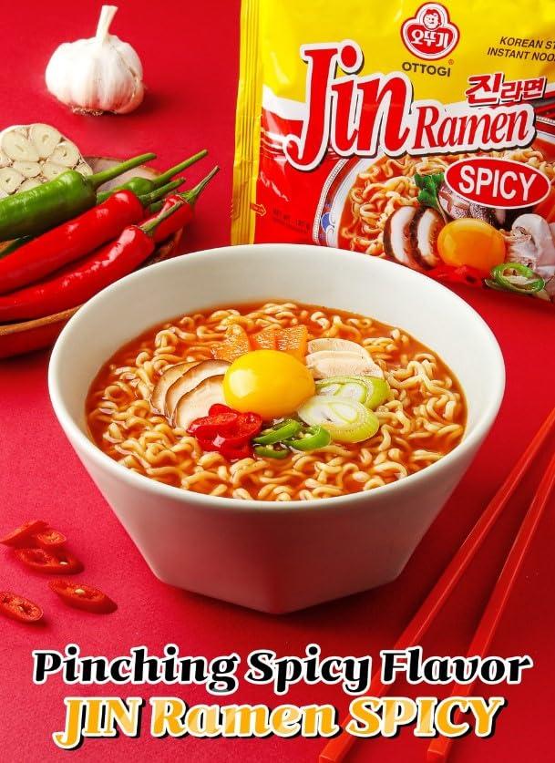 Ottogi OTTOGI Jin Ramen Spicy, Korean Style Instant Noodle, Best Tasting Soup Traditional Instant Ramen 4.23oz x 8 Pack