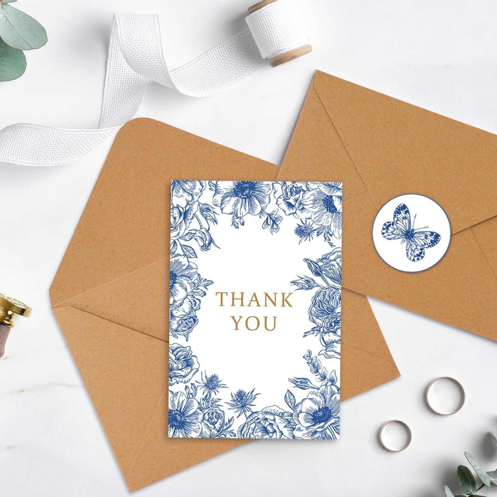 AnyDesign AnyDesign 36 Pack Blue Floral Thank You Cards Blue and White Flower Butterfly Note Cards with Kraft Envelopes Stickers Elegant Greeting Blank Cards for Baby Shower Wedding Birthday, 4 x 6 Inch