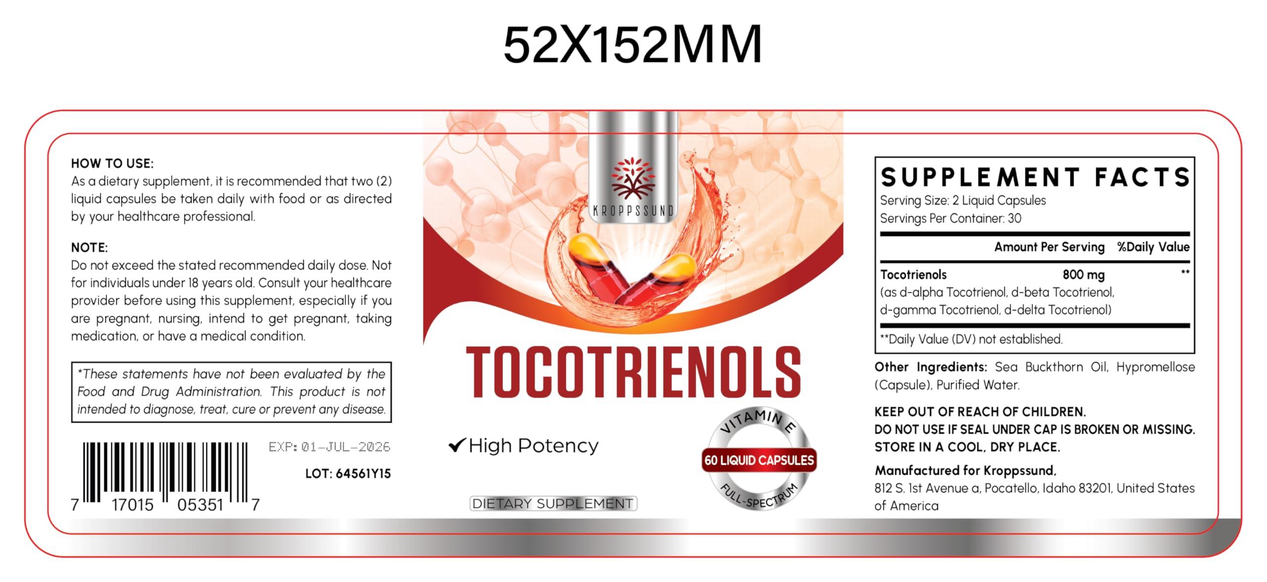 Kroppssund Tocotrienol Supplement Full Spectrum, Cutting-edge Fusion Technology, Tocotrienol Vitamin E-Tocotrienols 800mg,Powerful Antioxidant,Cardiovascular,Highest Absorption Rate - 60 Liquid-Filled Capsules