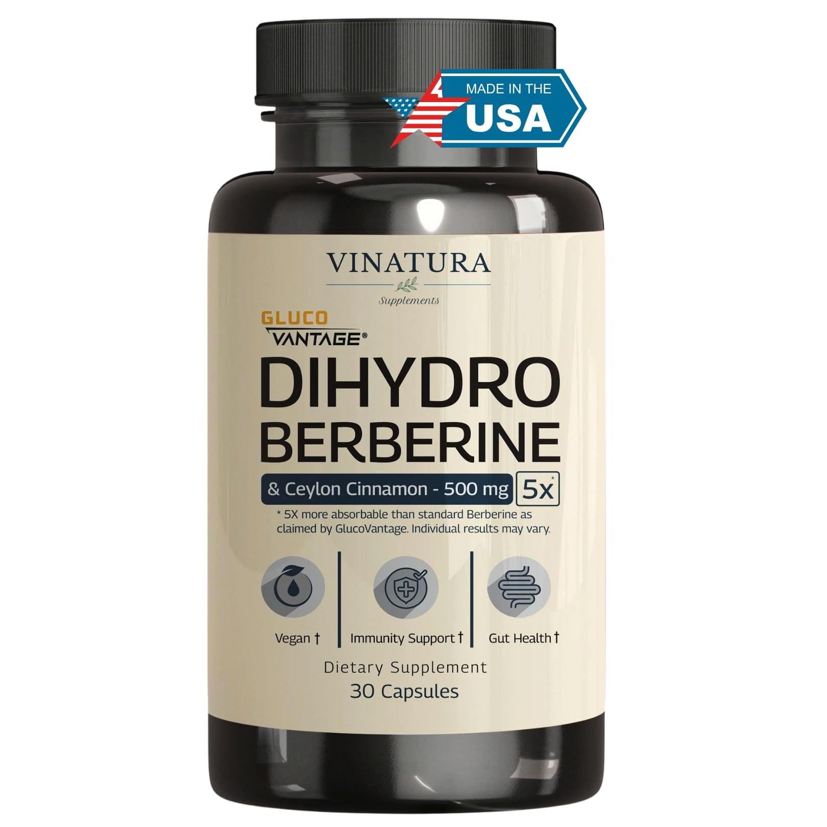 VINATURA VINATURA Dihydroberberine Supplement 500mg with Ceylon Cinnamon - (Patented GlucoVantage Super Berberine), Maybe Berberine 5X More absorbable - 30 Capsules
