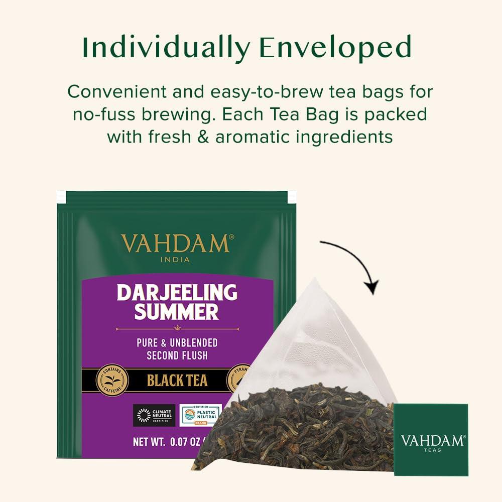 VAHDAM VAHDAM, Darjeeling Black Tea Bags (100 Count) High Caffeine, Non GMO, Gluten Free | Smooth & Sweet Tea With Distinguished Fruity Notes | Full Bodied