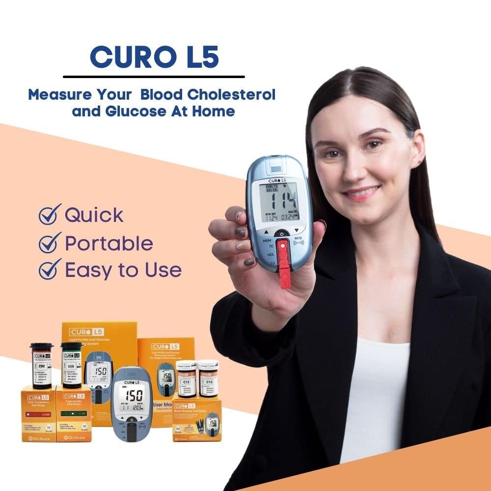 CUROFIT All in One CURO Home Blood Cholesterol Test Kit (L5 Device + 10 Total Cholesterol Strips + 10 Triglycerides Strips + 50 Glucose Strips Included)