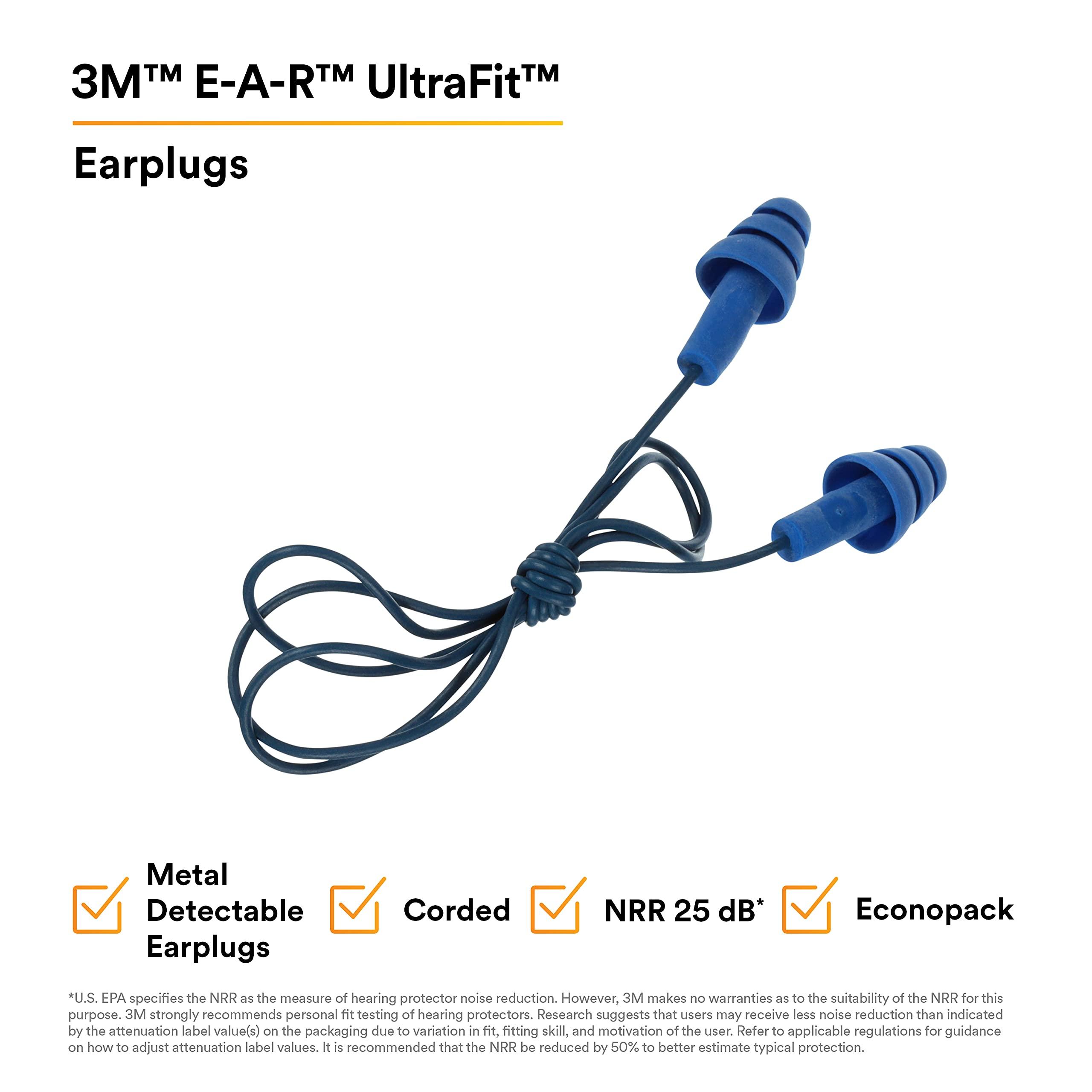 3M 3M E-A-R UltraFit Ear Plugs 340-4017, Metal Detectable, Corded, Econopack, 200/Pack