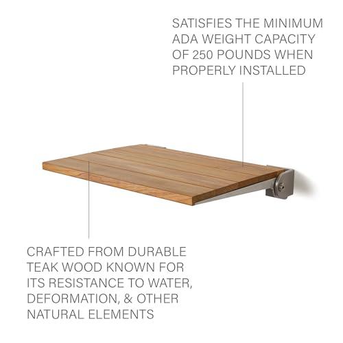 Seachrome Seachrome18 inch Silhouette Slimline Folding Wall Mount Shower Bench Seat, Natural Teak Wood with Silver Frame