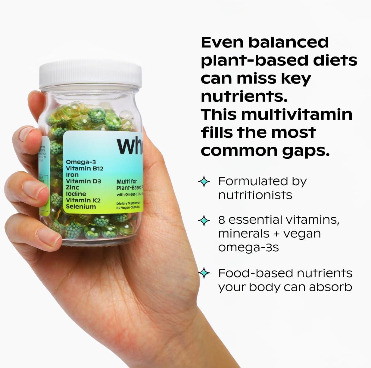 wholier wholier -Plant-Based Vegan Multivitamin Omega 3 DHA + EPA, Vitamin D, Vitamin B12, Zinc, Vitamin K2, Iron, Iodine, Selenium. 60 Count (30-Day Supply) (Compostable Refill)