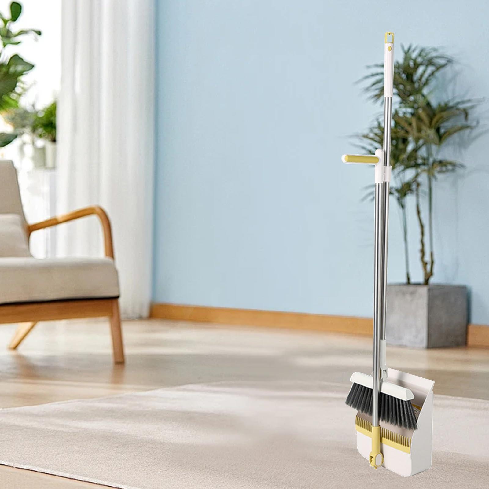 CENGNIAN Brooms for Sweeping Indoor 180 Degree Rotatable Standing Storage Buckle Type Brooms and Dustpan Set with Scraping Teeth and Scraper Deep Cleaning Suitable for Home